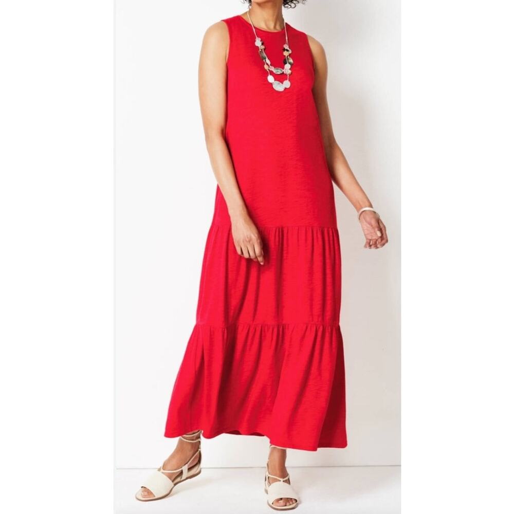 J Jill Tiered Sleeveless Red Maxi Dress Cotton Modal sz LG Geranium